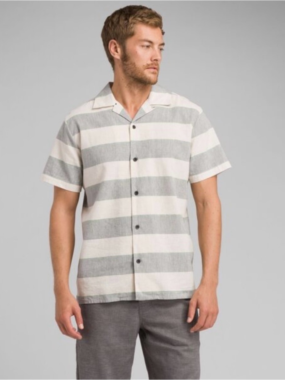 Prana Short-Sleeve Camp Shirt in Gray and White Stripes